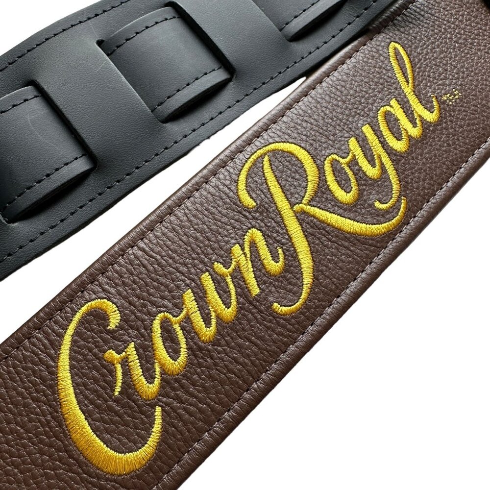 NEW Crown Royal Double Treble Brown Calfskin Leather Embroidered Guitar Strap